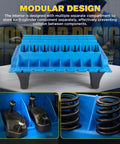 Pro Grade Engine Part Organizer Nylon Tray for Valves and Engine Parts Keeps Valve Springs Crankshafts Camshafts Cylinder Head Screws Collets and More Neatly Stacked for Easy Tool Storage and Quick Access for Auto Shop or DIY Garage, side view showing modular compartments.