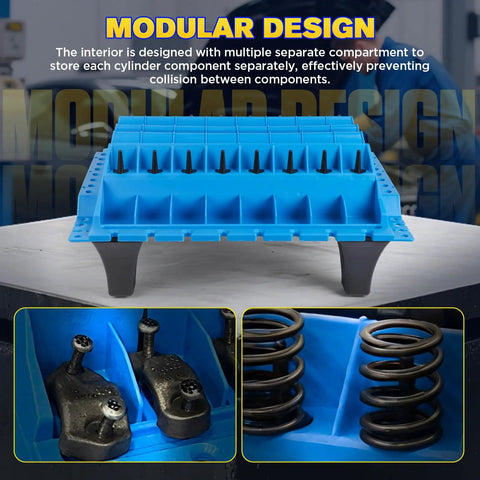 Pro Grade Engine Part Organizer Nylon Tray for Valves and Engine Parts Keeps Valve Springs Crankshafts Camshafts Cylinder Head Screws Collets and More Neatly Stacked for Easy Tool Storage and Quick Access for Auto Shop or DIY Garage, side view showing modular compartments.