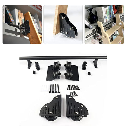 Heavy Duty Rolling Ladder Track Kit With Floor Roller Wheels components including rollers, brackets, and 20ft black rail system.