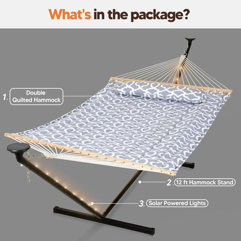 Outdoor Two Person Hammock With Solar Powered Lights And 12 Ft Stand Included Double Hammock In Light Gray For Backyard Or Camp