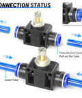 Inline Pneumatic Air Flow Control Valve With Push To Connect Fittings, showing connection procedure with 6mm tube