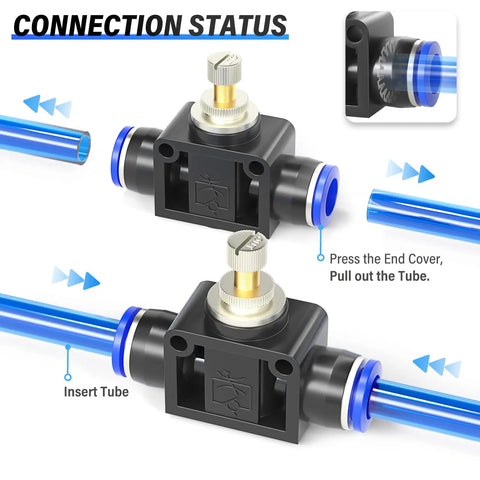 Inline Pneumatic Air Flow Control Valve With Push To Connect Fittings, showing connection procedure with 6mm tube