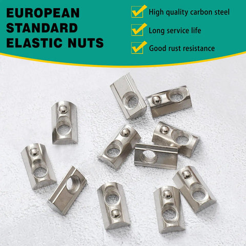 200 Piece Heavy Duty M8 Thread T Slot Nuts Half Roll In Spring Steel Fasteners, showing silver elastic nuts on a white surface.