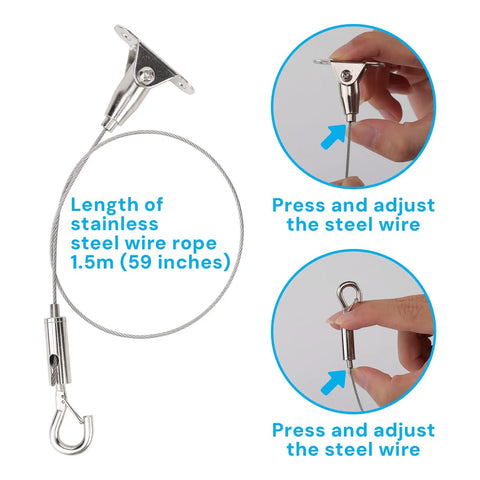 Heavy Duty Picture Hanging Kit With 1.5 Meter Adjustable Stainless Steel Cable And 6 Piece Wire Rope Suspension For Artwork Frames And Gallery Walls Built Tough With Rock Solid Grip showing 1.5m wire rope and adjustment detail.