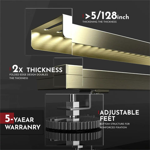 24 Inch Linear Shower Drain System With Capsule Pattern Grate And Removable Cover In Brushed Gold highlighting thickness and adjustable feet