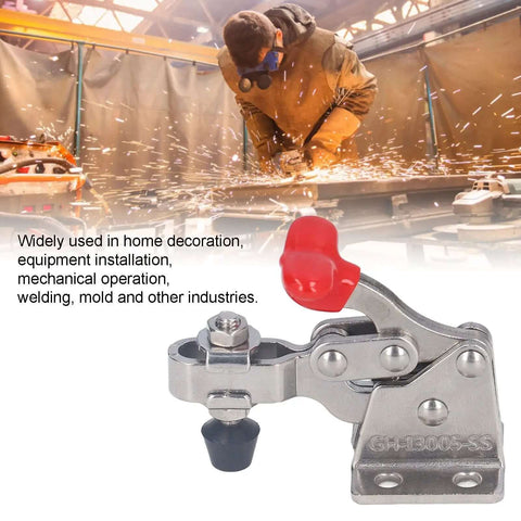 Quick Release Vertical Toggle Clamp 150 Lb Holding Capacity for Woodworking with easy release lever in workshop.