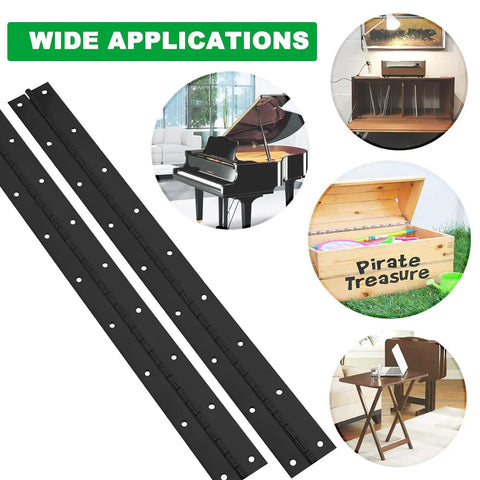 Badass Heavy Duty 16 Inch Piano Hinges 4 Pack Black Stainless Steel for various uses like pianos, storage boxes, and desks.