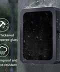 Heavy Duty Outdoor EV Charger Protector With All Weather Rain Cover And Secure Anti Theft Lock Built Tough Floor Standing Steel Enclosure for garage, showing thickened tempered glass panel against rain.