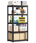 Heavy Duty Metal Storage Shelves showing five tier utility rack with various stored boxes and supplies in a garage setting.