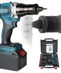 Knockout Badass Electric Rivet Gun And Rivet Nut Converter Kit Featuring 5200Mah Cordless Battery Power Automatic Pop Riveter close-up with accessories.