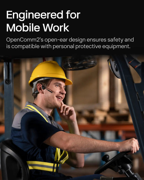 Worker wearing Open Ear Bone Conduction Headset For Work Calls And Meetings Wireless Bluetooth Headphones With Noise Canceling Microphone And Mute Button