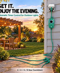 Heavy Duty Outdoor Dusk To Dawn Timer With Photocell Sensor And Three Grounded Outlets mounted on exterior wall with greenery.