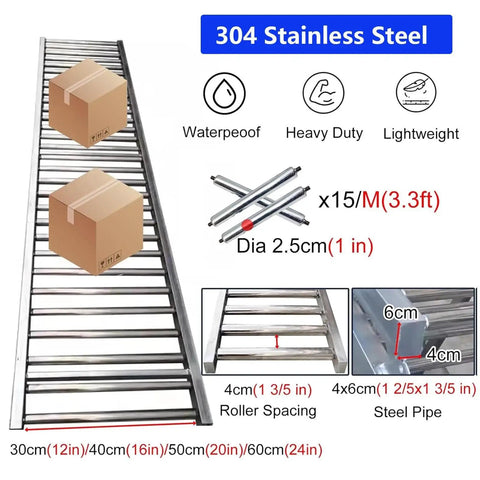 Adjustable Portable Foldable Conveyor System 8 Meters Long With Wear Resistant Rollers For Supermarkets And Boat Trailers Quiet Transport Solution And Easy Spring Fixing Installation, 304 stainless steel rollers