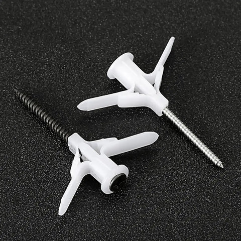 Close-up of 400 Piece Drywall Anchors Kit Self Drilling Butterfly Shaped Wall Anchors with screws on black background.