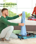 Man packing clothes with Grab And Go Portable Folding Mini Washing Machine for camping and RV travel background woman folding clothes