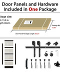 36X84 Black Frosted Glass Barn Door With Complete Hardware Kit And Six Point Six Foot Track Handle package contents showing door panels and hardware.