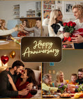 Collage of couples and families celebrating with 'Happy Anniversary' neon sign at center, festive dinner table, and Valentine gifts.