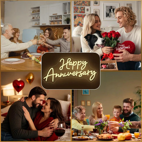Collage of couples and families celebrating with 'Happy Anniversary' neon sign at center, festive dinner table, and Valentine gifts.