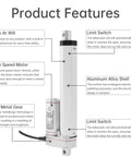 Product features of Beefy 12V Linear Actuator with annotations including stop functionality, high-speed motor, and aluminum alloy shell.
