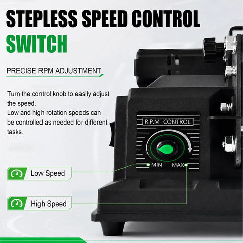 Stepless speed control switch on a small bench belt sander for rust removal and polishing compact grinding machine