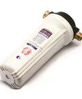 Exterior RV Water Filter Kit With KDF Media And GAC For Contaminant Protection, white filter cartridge with brass connectors.
