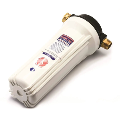 Exterior RV Water Filter Kit With KDF Media And GAC For Contaminant Protection, white filter cartridge with brass connectors.