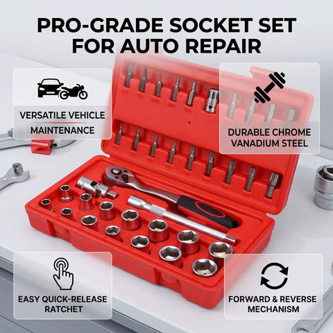 Knock Out Tough Shop Tasks With This Badass 3/8 Inch Drive 36 Piece Socket Ratchet Wrench Set Packing smooth chrome steel extensions and universal joints.