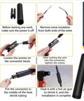 Ultimate Underground Electrical Wire Splice Kit Featuring Two Heavy Duty Heat Shrink Tubes For Robust Direct Burial Seals That Keep Water And Debris Out While Providing Reliable Solid Connections For A Super Smooth Mounting Job. setup steps with connector and shrink tube