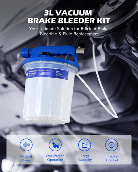 3L Vacuum Brake Bleeder Kit With Pneumatic Fluid Extractor, visible refilling bottle and adapter in workshop setting.