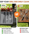 Silicone Grill Mats For Griddle Spatula Tool Mat With Drip Pad Side Shelf Pad showing clean and organized BBQ setup vs messy one.