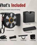 Included components of Snag This Hella Compact Wall Mount Flywheel Resistance Trainer with handles, straps, and carry case.