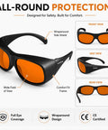 Pro Grade Multi Wavelength Laser Safety Glasses With Heavy Duty Optics Spanning 180 To 1095 Nm For Industrial Medical And Lab Work That Keep Your Vision Crisp And Bulletproof, featuring wraparound design and orange lenses.