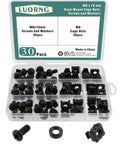 Heavy Duty Rack Mount Snap On Nut Screws With Washers 30 Piece Set in a plastic organizer with M6 screws and nuts.