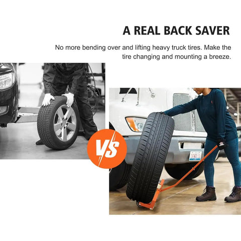 Image showing comparison of lifting heavy tire versus using Hardcore Tire Dolly With Adjustable Handle And Slick Rolling Casters for easy tire handling.