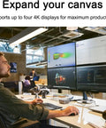 Man using Thunderbolt 4 Docking Station Serving 280W Straight Fire Charge With Smooth 13 In 1 Usb C Layout For Gamers Creators And Office Laptops, four 4K displays visible.