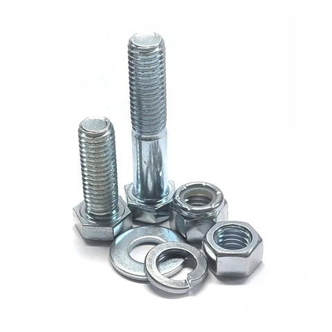 Hex cap screws, hex nuts, and washers from the 3,610 Piece Grade 5 Coarse Hardware Assortment Kit With Hex Cap Screws, Hex Nuts, And Washers In A Durham 40 Hole Metal Bin For Industrial, Shop, And Home Projects.