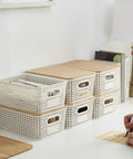 Small Plastic Storage Bins With Bamboo Lids, Stackable Pantry Boxes, 6 Pack, Cream White, 10 X 7.2 X 4.1 Inches on desk