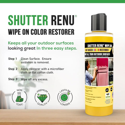 Tough As Nails Wipe On Surface Restorer And Protector For Faded Shutters Garage Doors And Outdoor Gear in an eight ounce bottle with instructions.