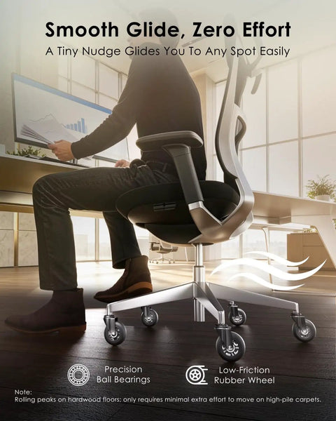 Heavy Duty Office Chair Wheels Set Of Five Black Roller Blades Three Inch Wide under a modern office chair on hardwood floor.