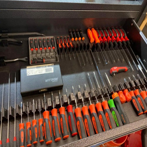 Pro Series 4.0 Magnetic Screwdriver Organizer With Magnetic Base For Secure Tool Drawer Storage Modular System For Pros And DIY Mechanics 12 Holder Pack in toolbox showing organized screwdrivers.