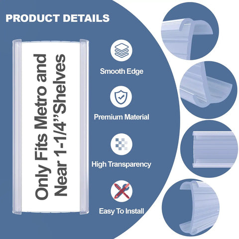 Clutch Wire Shelf Label Holders With Thirty Plastic Clip In Sleeves For Pain Free Pantry Organization And Zero Mess Retail Vibe Snaps Securely Onto One Point Two Five Inch Metal Racks, featuring product details.