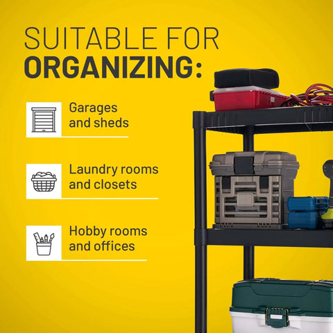 Tough As Nails 3 Tier Plastic Storage Shelves showcasing organization suggestions for garages, laundry rooms, and hobby offices.