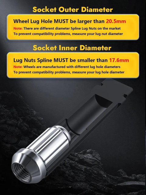 Heavy Duty Six Point Spline Lug Nut Socket For Car Tuner Keys Black Finish showing inner and outer diameter instructions.