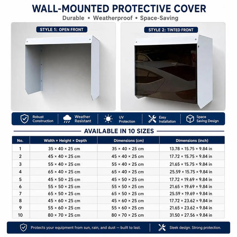 Wall Mount Weatherproof EV Charger Cover with open and tinted front styles, dimensions table for easy installation and customization.