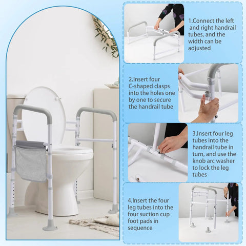 Heavy Duty Toilet Safety Rails Built Tough Grab Bar For Seniors With Super Sturdy Bathroom Assist Handle Support Frame Easy Wall Mount Anti Slip Pads Supports Up To 350 Lb Capacity installation process with adjustable handrails and secure clamps.