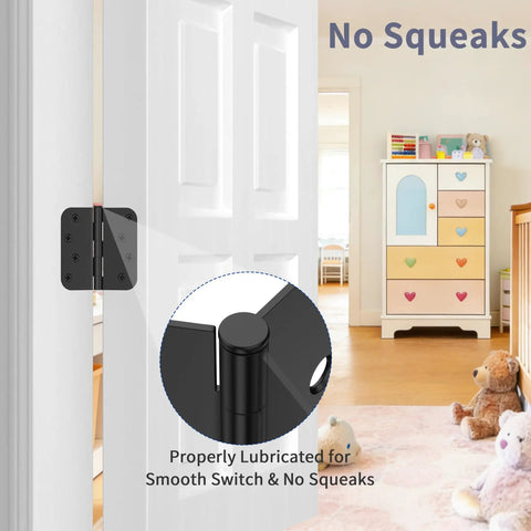 4 Inch Exterior Door Hinges Matte Black Heavy Duty Steel With Removable Pins mounted on a white door with smooth operation feature.