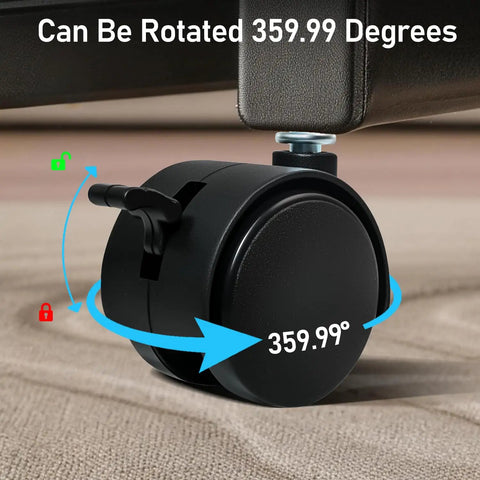 Heavy Duty Swivel Caster Wheels With Locking Brakes And Smooth Rolling Motion Tough As Nails For Office Furniture Carts Shelves And Dollies Easy Install Slick Glide showing 359.99 degree rotation feature.