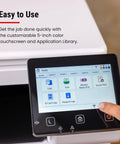 Color Wireless Duplex Laser Printer All In One With Copier Scanner Fax And Auto Document Feeder Fast 22 PPM Easy Wireless Setup Perfect For Home Office Or Small Biz 3 Year Limited Warranty touchscreen interface showing menu options.