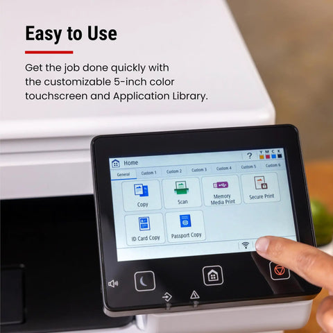 Color Wireless Duplex Laser Printer All In One With Copier Scanner Fax And Auto Document Feeder Fast 22 PPM Easy Wireless Setup Perfect For Home Office Or Small Biz 3 Year Limited Warranty touchscreen interface showing menu options.