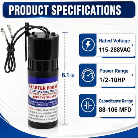 Heavy Duty Hard Start Capacitor Kit 2 Pack For Air Compressors 115V To 288V showing specifications and dimensions of 6.1 inches.